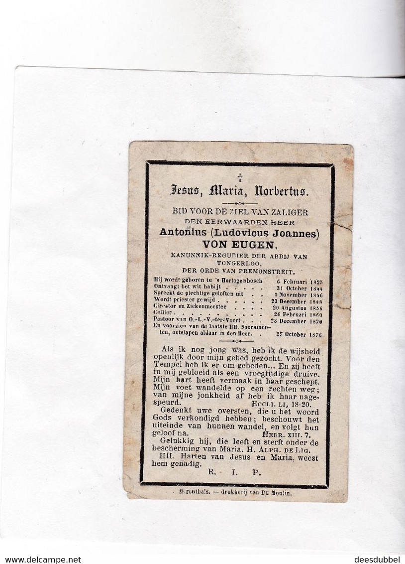E.H. KANUNNIK ABDIJ Van TONGERLO  A.VON EUGEN °s HERTOGENBOSCH 1825 +1876 - Devotion Images