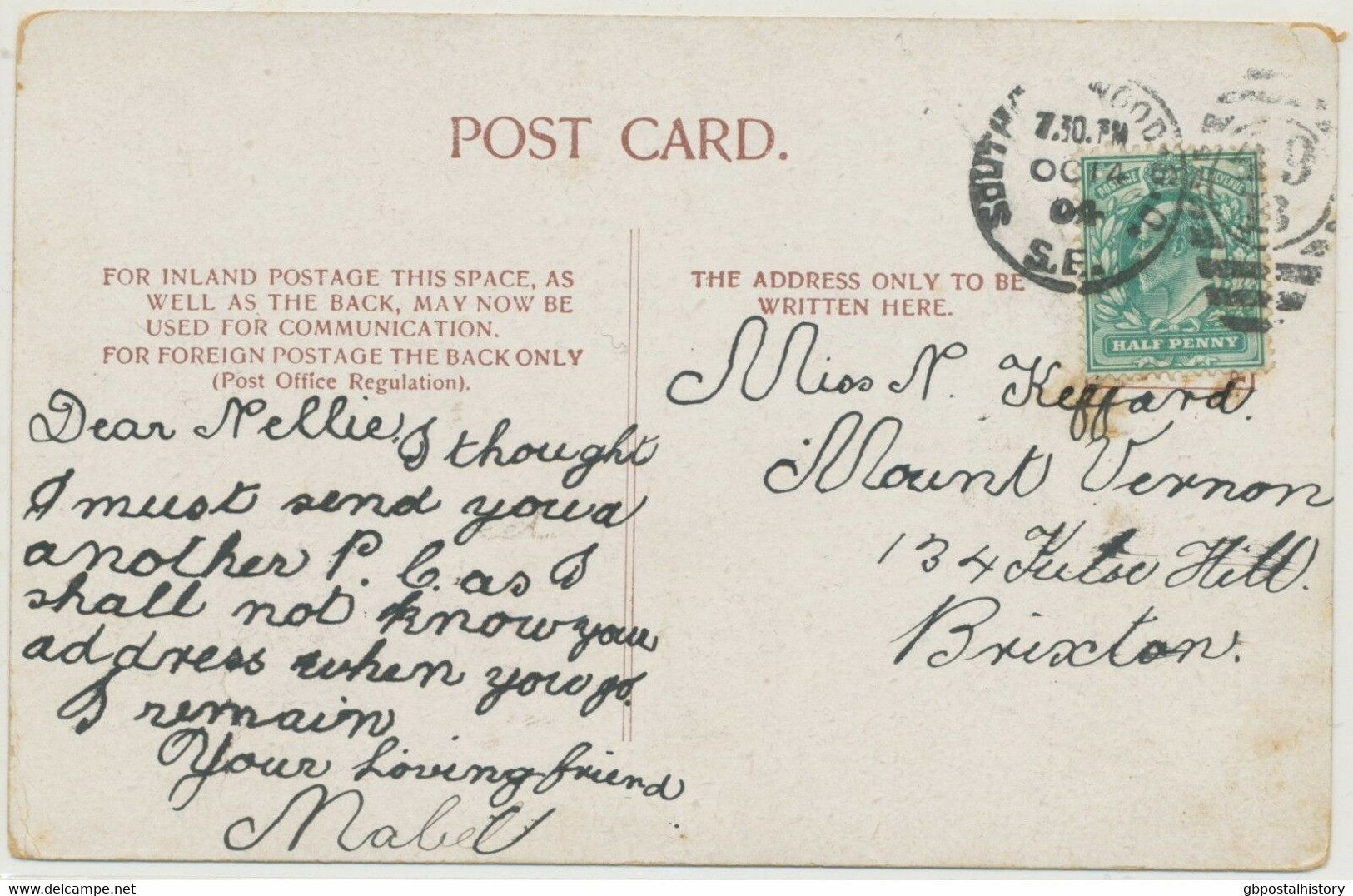 GB 1904, EVII 1/2d Postcard LONDON Duplex "SOUTH-NORWOOD-S.O / S.E. / 49 / B" - Storia Postale