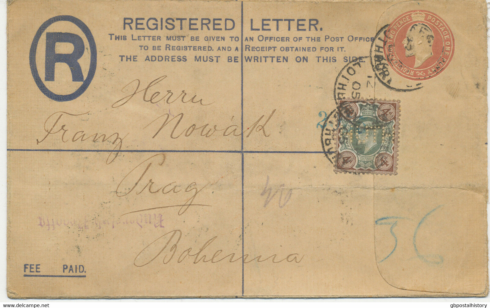 GB 1905 EVII Superb Registered Letter 2D+1D PS Uprated 4 D Cpl. "HUTH" PERFIN - Perfins