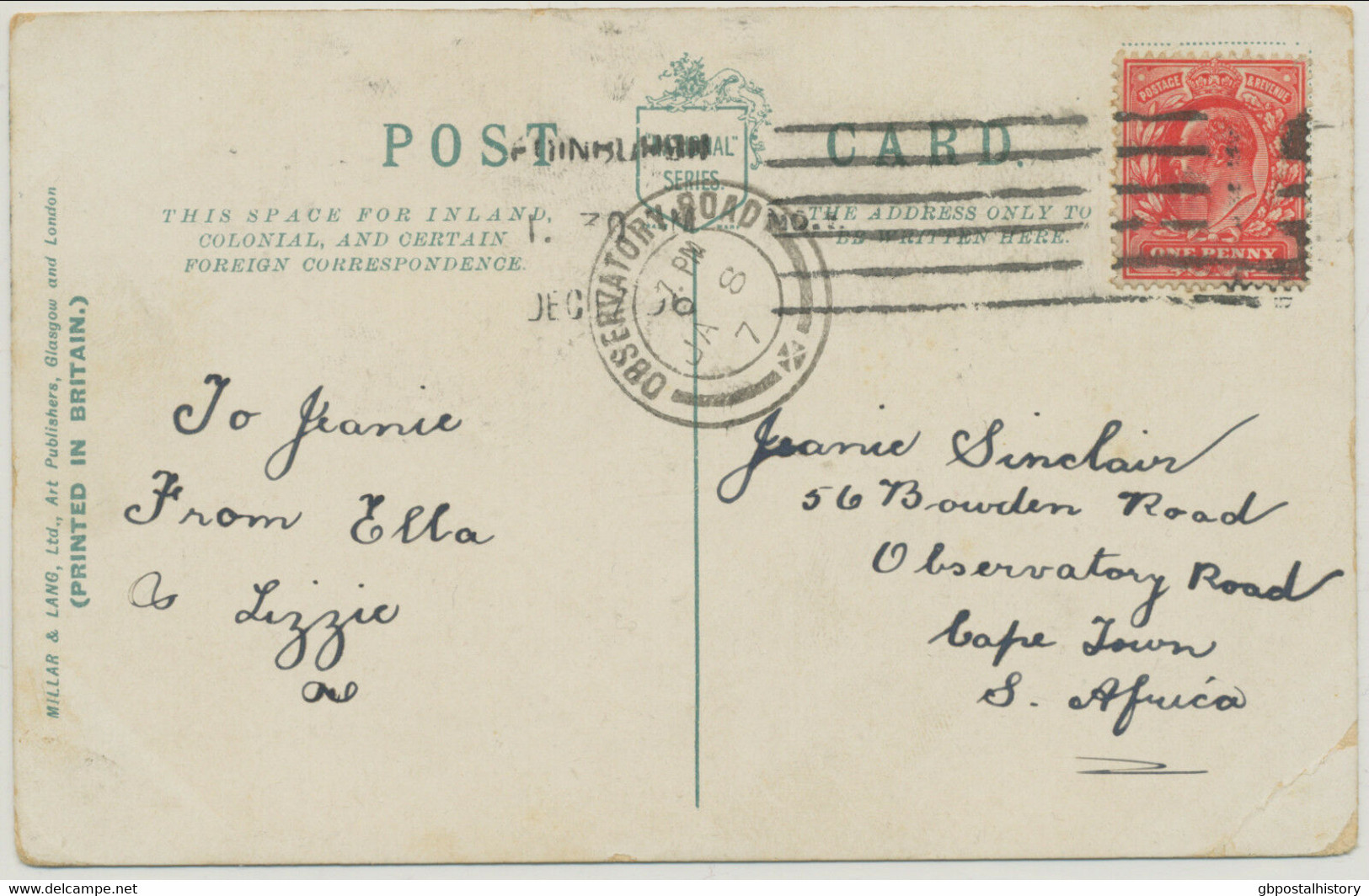 GB 1906 EVII 1D Pc EDINBURGH To OBSERVATORY-ROAD South-Africa POSTMARK-ERROR - Briefe U. Dokumente