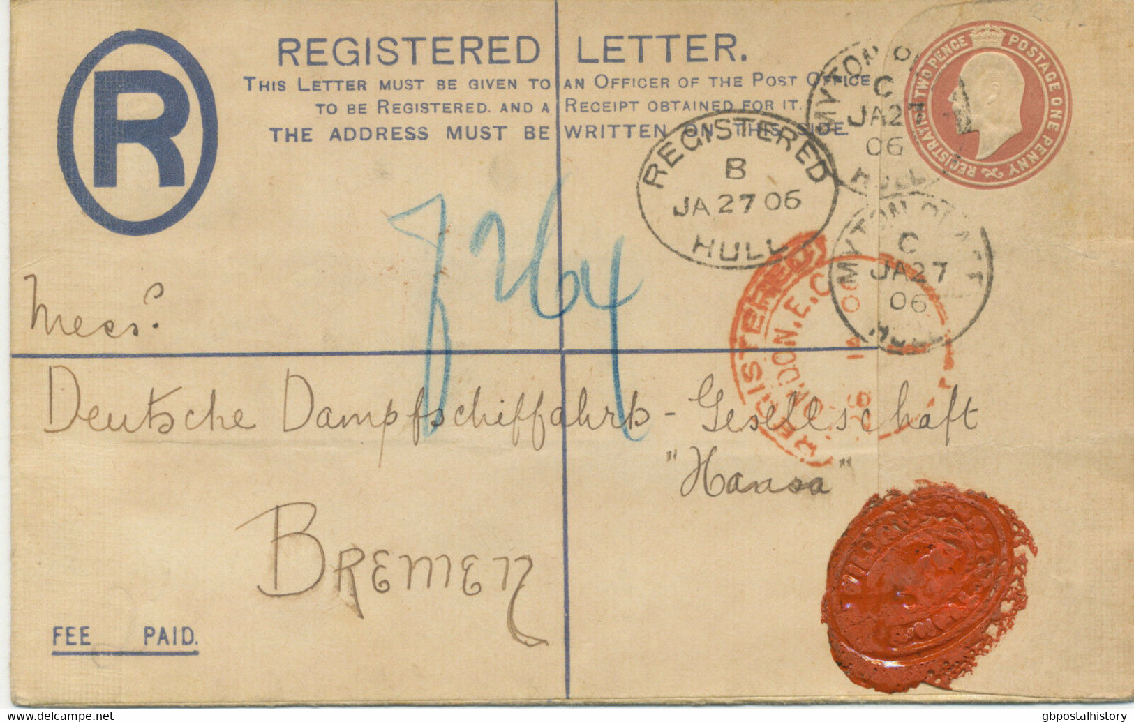 GB 1906 EVII Superb 3D PS Registered Envelope (format G) HULL-BREMEN UNDERPAID - Brieven En Documenten