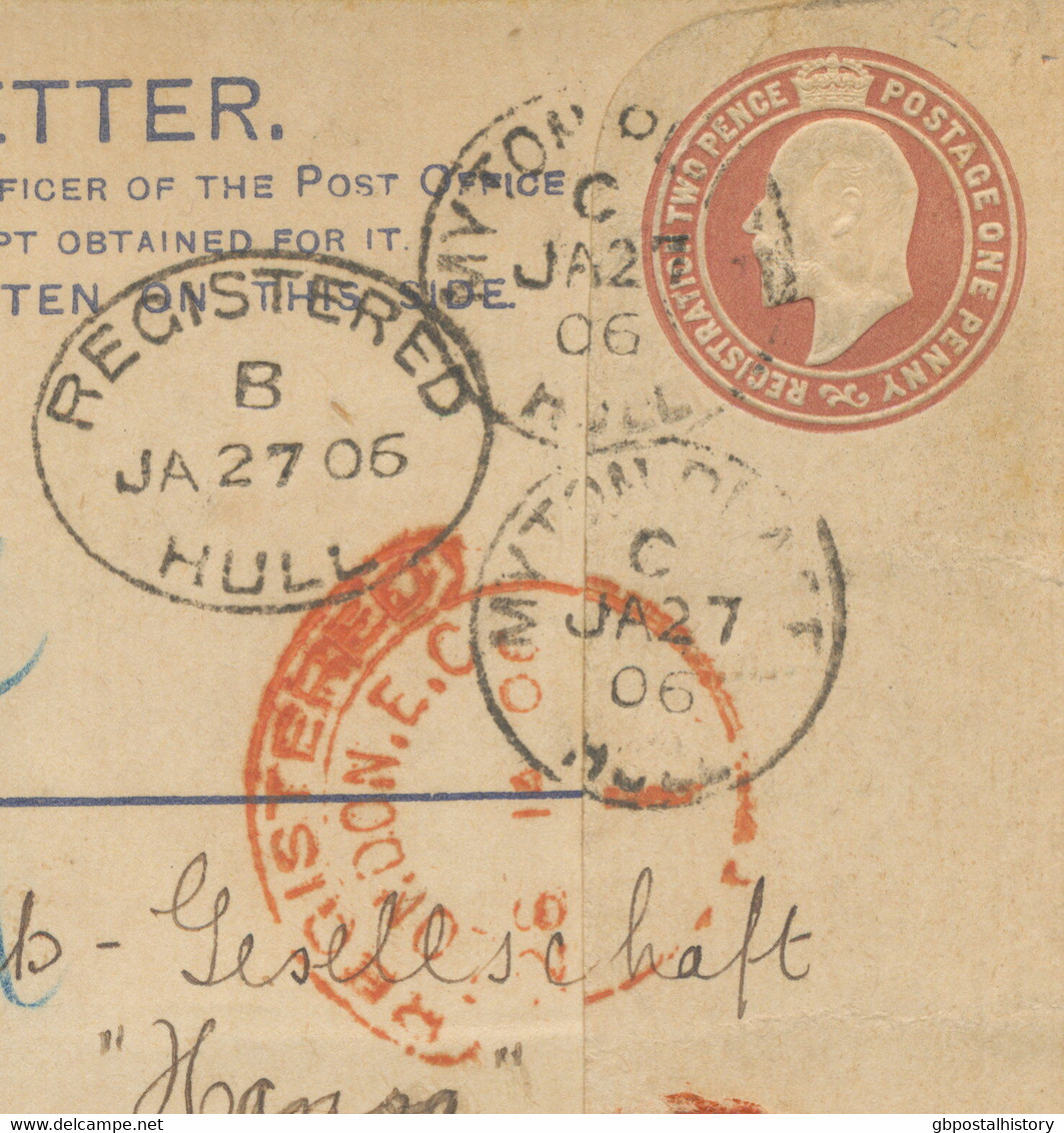 GB 1906 EVII Superb 3D PS Registered Envelope (format G) HULL-BREMEN UNDERPAID - Briefe U. Dokumente