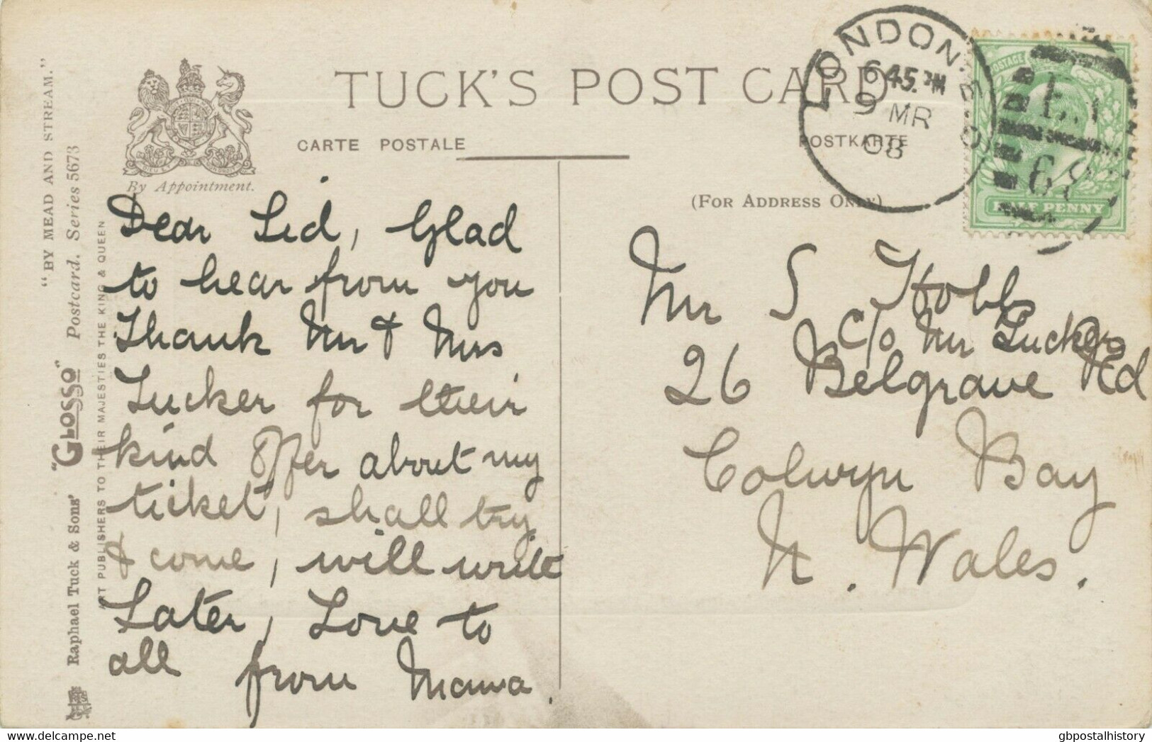 GB 1908 EVII 1/2 D Yellow-green VF Tuck's Postcard Duplex LONDON-E.C / E.C / 68 POSTMARK-ERROR - Storia Postale