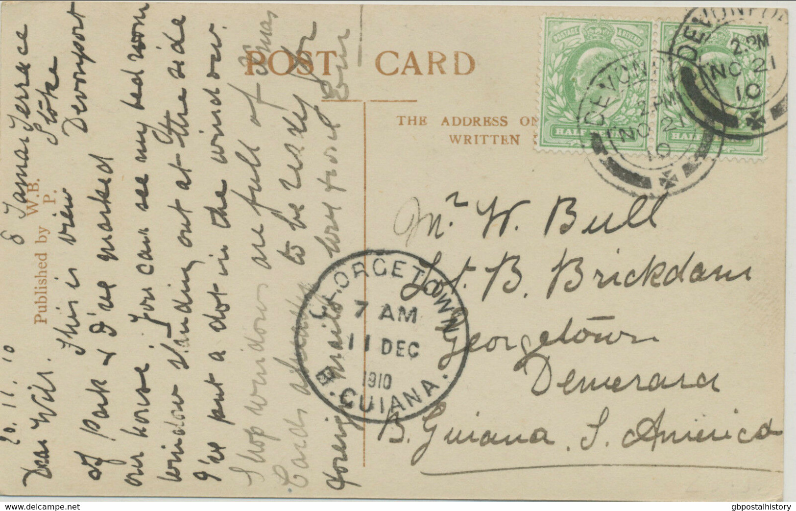 GB 1910 EVII ½ D (2x) Superb RP  „DEVONPORT" "GEORGETOWN" BRITISH GUIANA RRR!! - Briefe U. Dokumente