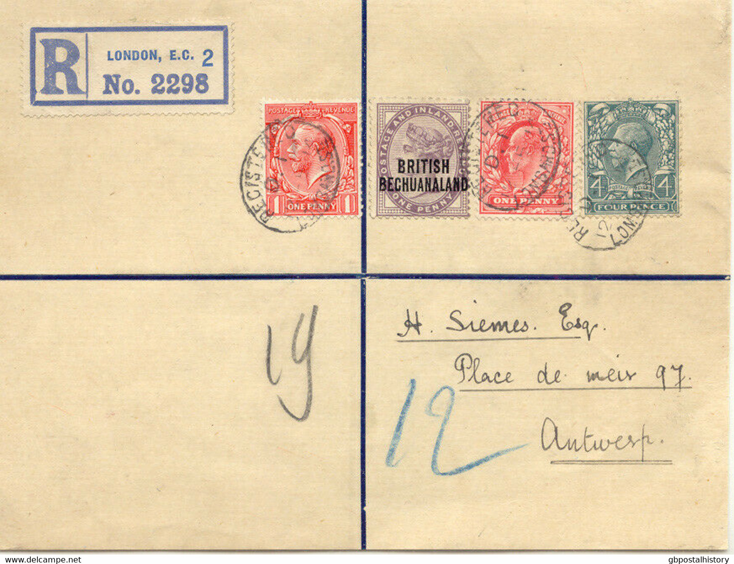 GB 1914 RARE MIXED POSTAGE On R-front GB / BECHUANALAND - THREE REIGNS POSTAGE - Covers & Documents