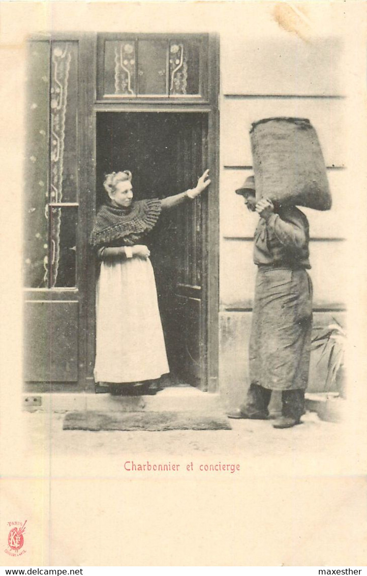 PARIS Pittoresque ,les Petits Métiers éditeur KF (carte 1900) - Charbonnier Et Concierge  - - Petits Métiers à Paris