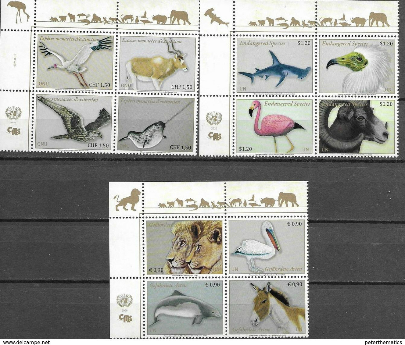 UN, 2020, MNH, THREATENED SPECIES, BIRDS, WHALES, SHARKS, LIONS, WILD SHEEP, 12v - Otros & Sin Clasificación