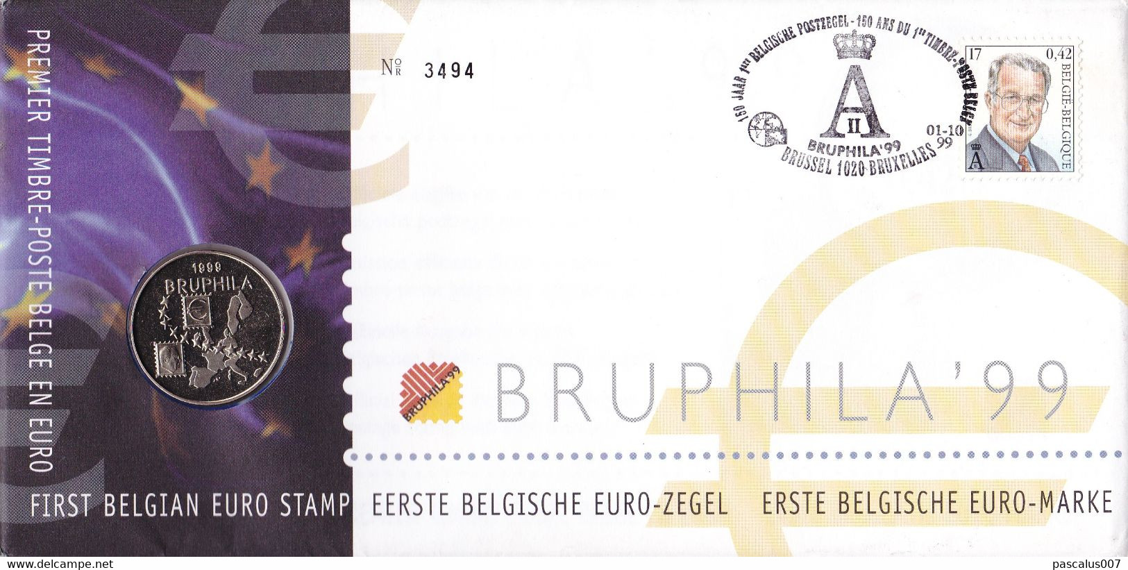 B01-366 2840 Enveloppe Numisletter Numiscover FDC 1er Timbre Belge En Euro Bruphila 99 - Numisletter