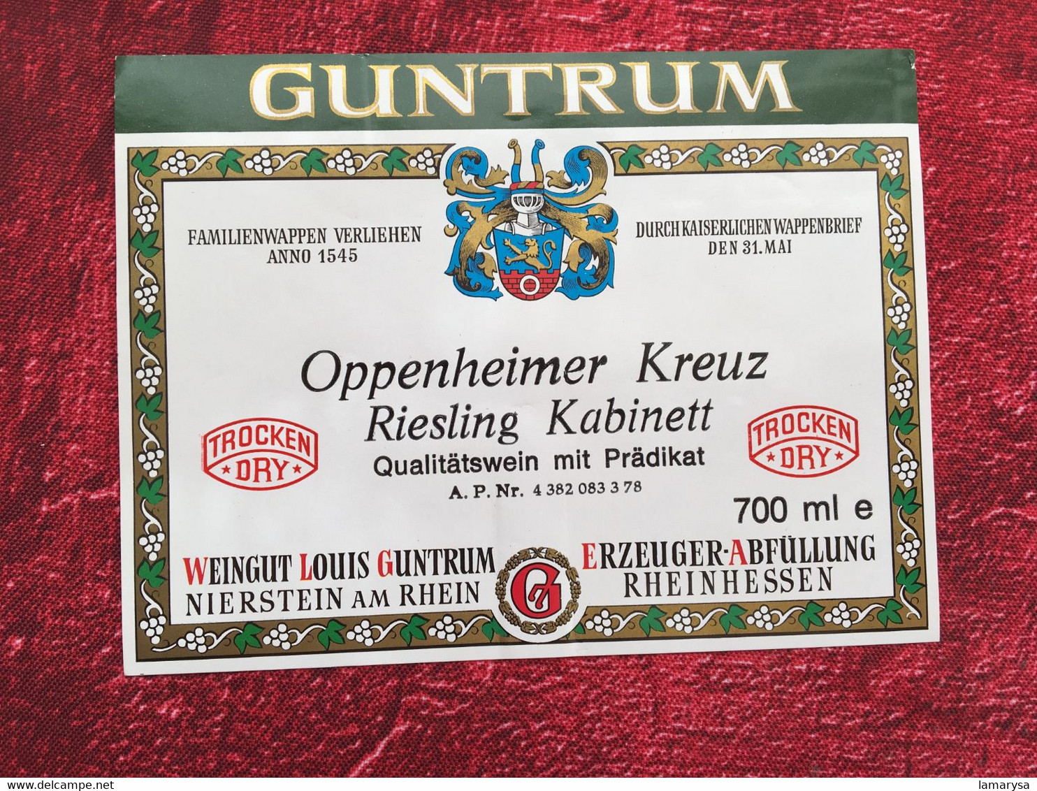 GUNTRUM--OPPENHEIMER KREUZ RIESLING KABINETT NEIRSTEN DEUTSCHLAND ALLEMAGNE✔️Bistrot Alimentation Étiquette De Vin-☛Neuf - Riesling