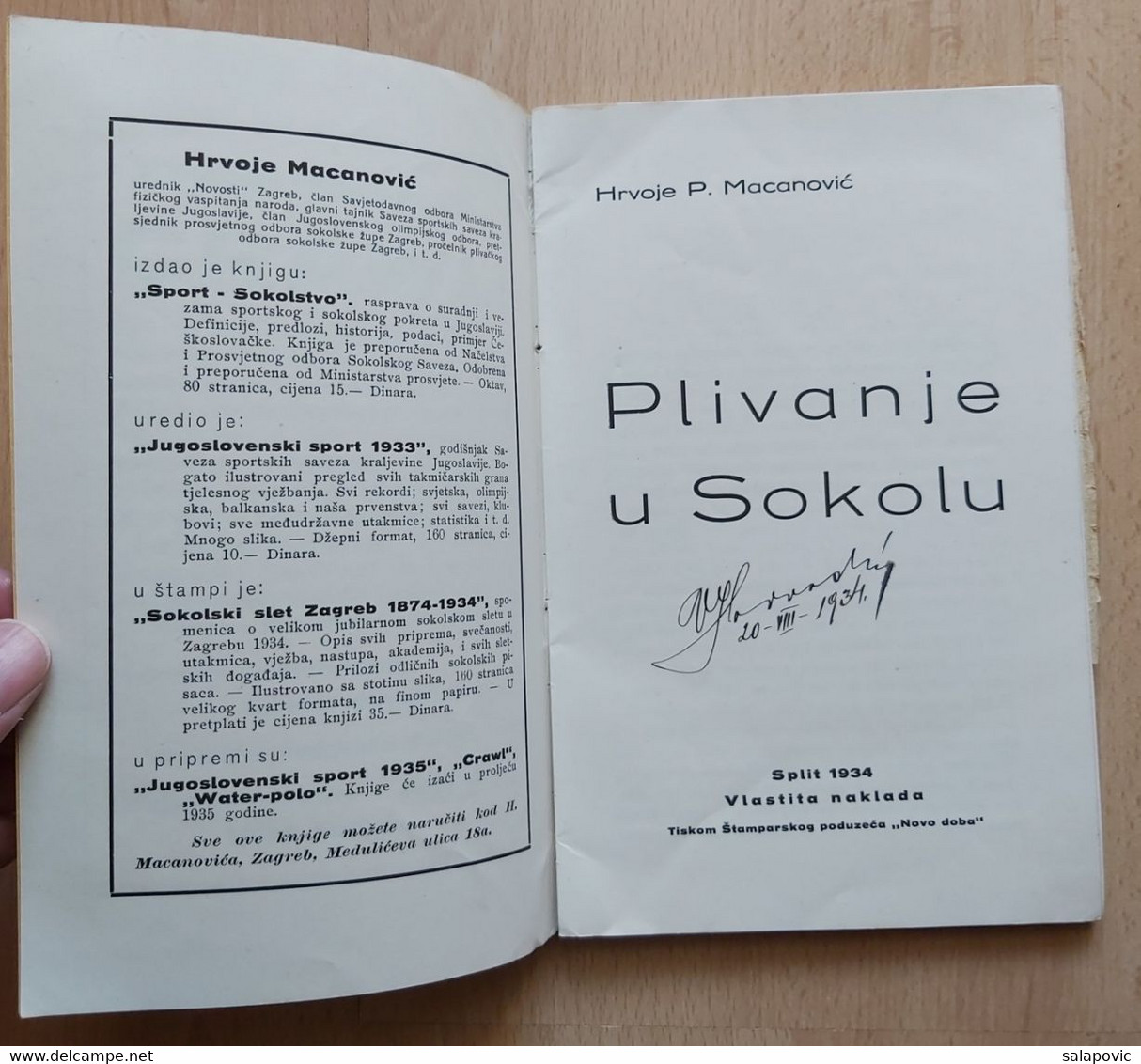 SOKOL, Swimming PLIVANJE U SOKOLU, HRVOJE MACANOVIC  SPLIT 1934 - Zwemmen