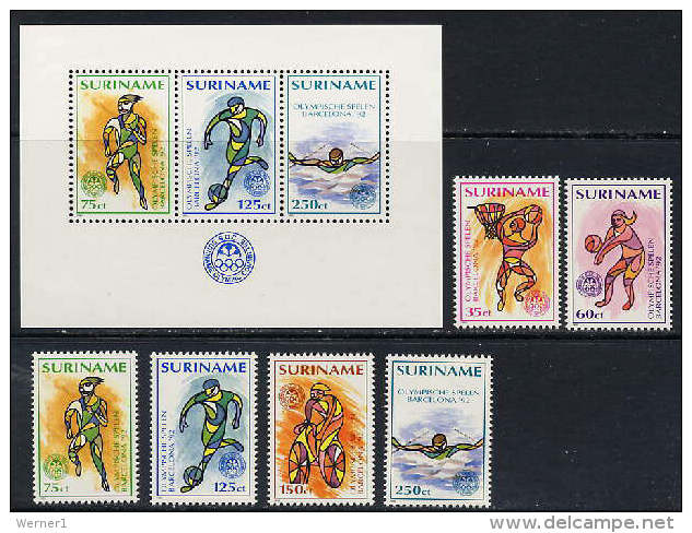 Suriname 1992 Olympic Games Barcelona, Football Soccer, Cycling, Volleyball Etc.  Set Of 6 + S/s MNH - Verano 1992: Barcelona