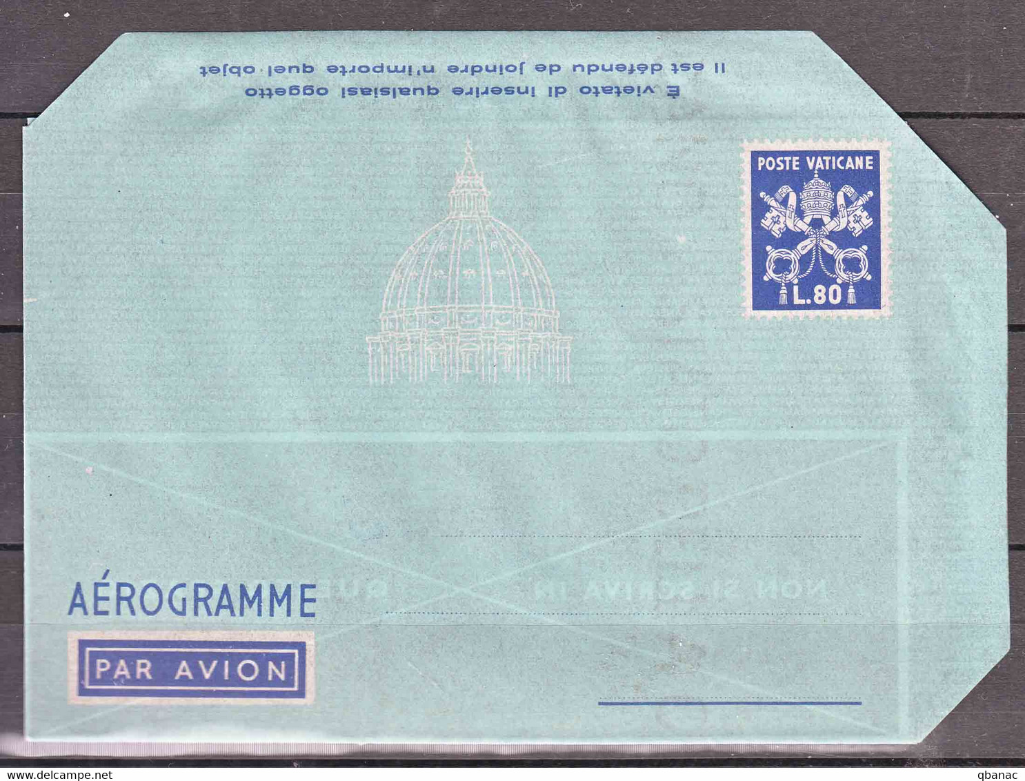 Vatican Aerogramme, Aerogramma 80 Lire Scott#LF6 Watermark Variety, Value 200 Eur - Ganzsachen