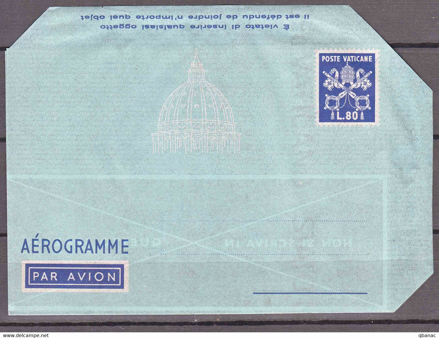 Vatican Aerogramme, Aerogramma 80 Lire Scott#LF6 Watermark Variety, Value 200 Eur - Ganzsachen