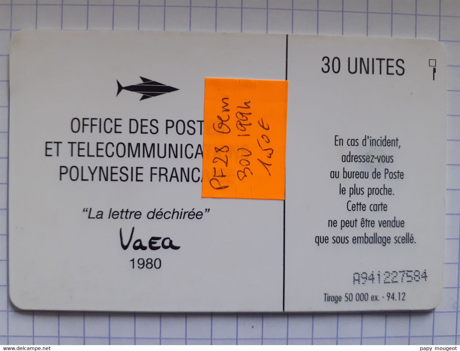 PF28 30U GEM - 50.000 Ex. - 94.12 - La Lettre Déchirée - Polynésie Française