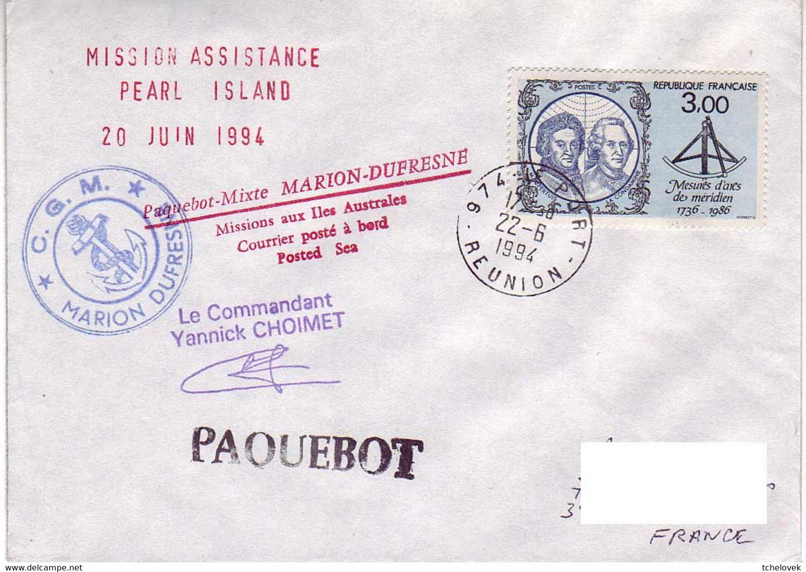 (Timbres). FSAT TAAF Marion Dufresne. 22.06.94 Le Port. Reunion.  Mission Assistance Pearl Island - Lettres & Documents