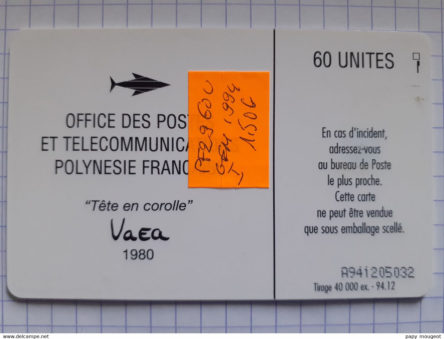 PF29 60U GEM - 40.000 Ex. - 94.12 - Tête En Corolle - Polynésie Française