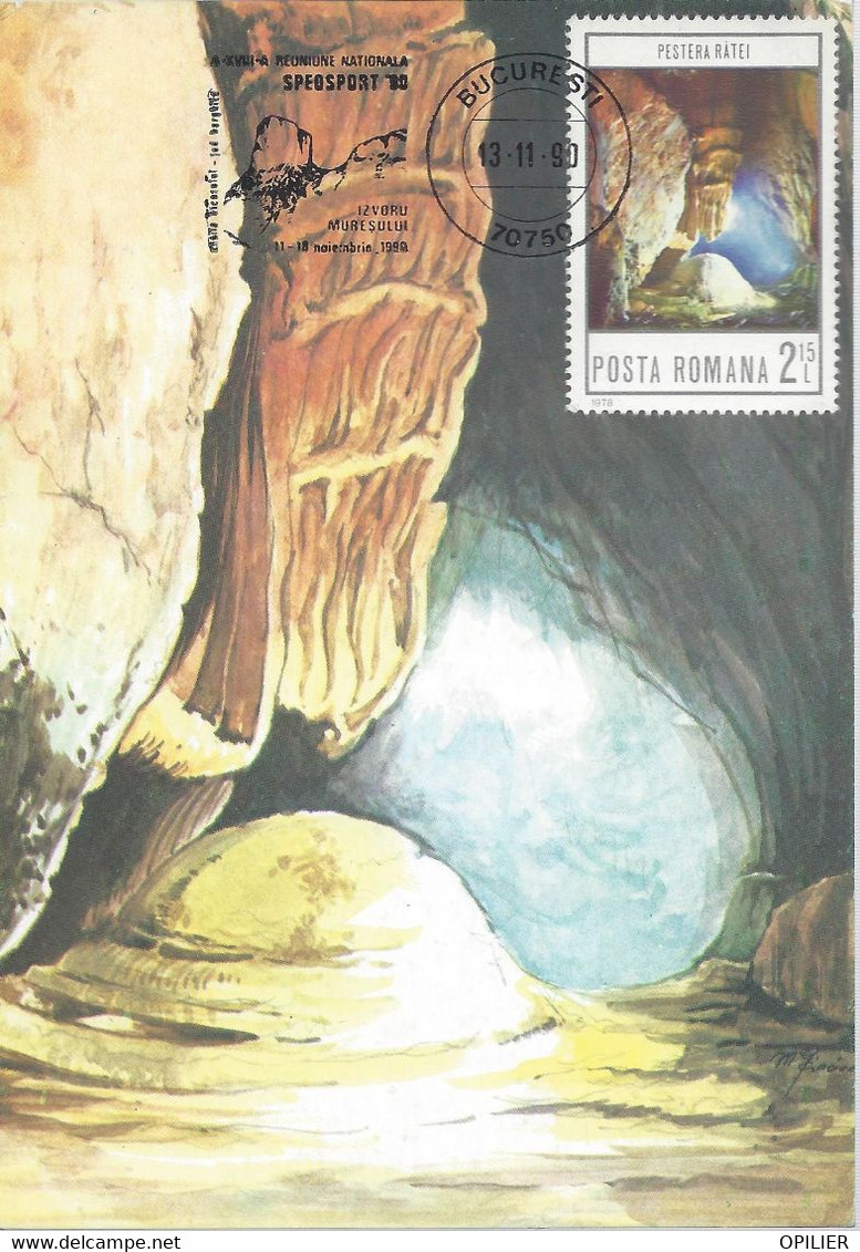 Timbre Et Carte Postale Grotte De Roumanie Flamme Illustrée Grotte Bucarest 13 Nov 1990 - Marcofilia