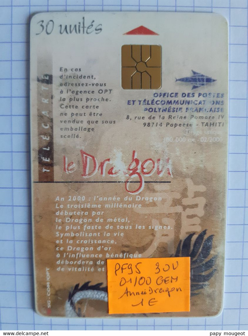 PF95 30U GEM - 100.000 Ex. - 02/2000 - An 2000 L'année Du Dragon - Polynésie Française