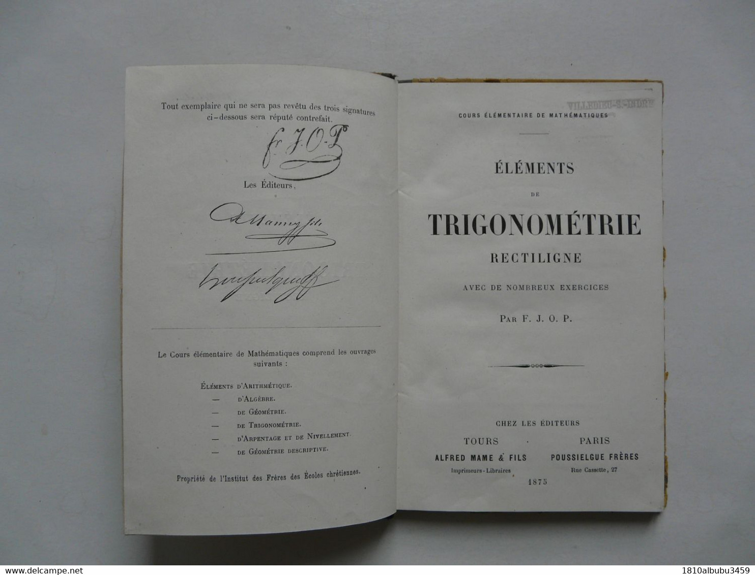 ELEMENTS DE TRIGONOMETRIE RECTILIGNE Par F. J. O. P. 1875 - Management