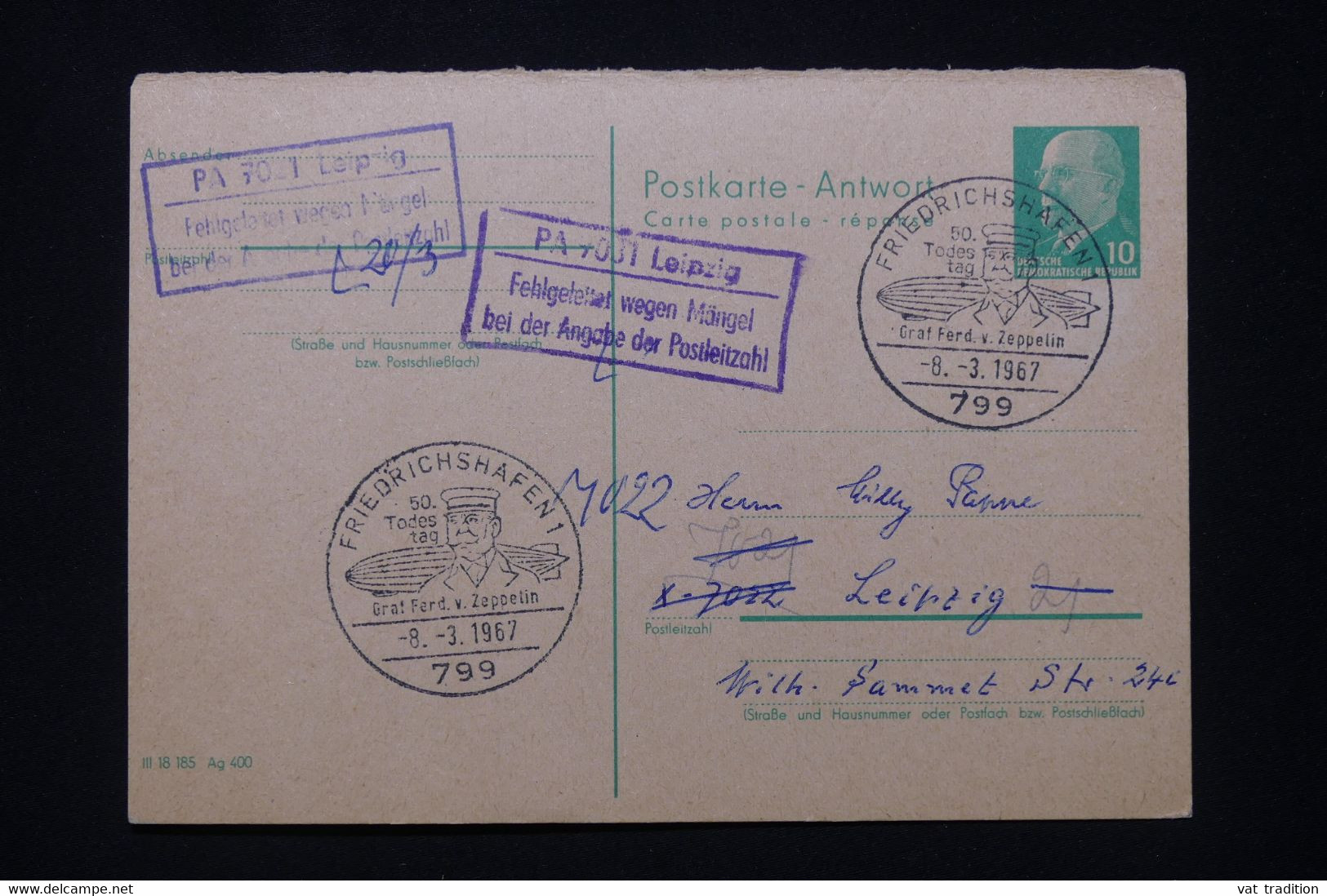 ALLEMAGNE - Cachet  Commémoratif Zeppelin Sur Entier Postal De Friedrichshafen Pour Leipzig En 1967 - L 91726 - Postkarten - Gebraucht