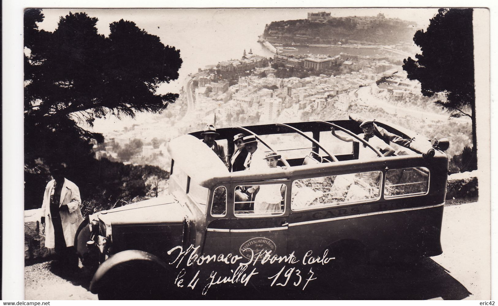 MONACO CARTE PHOTO **Monte-Carlo Le 4 Juillet 1937** Autobus, établissement Ricau, 23 Cours Jean Jaurès à GRENOBLE - Monte-Carlo