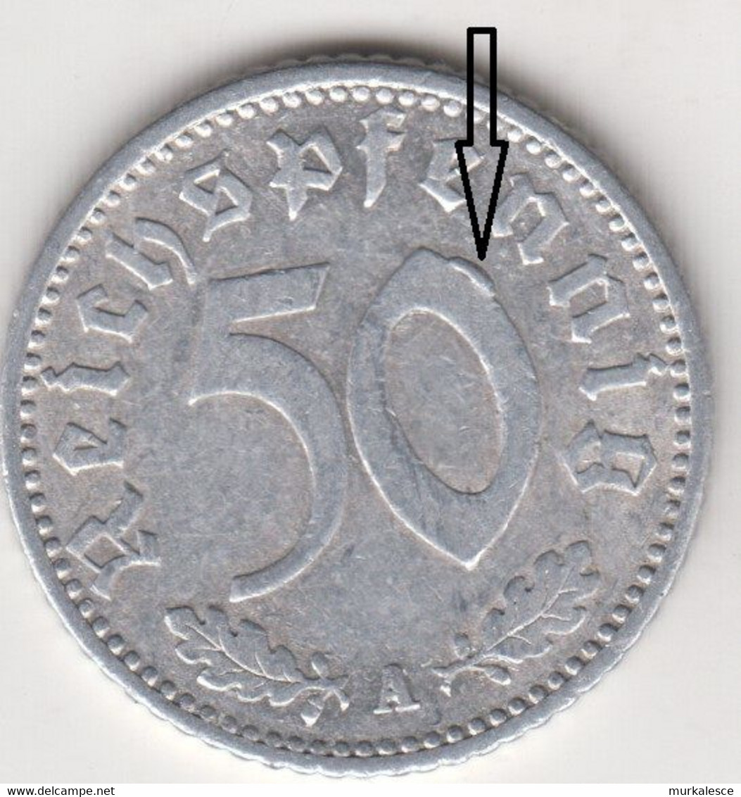 R----25   DRITTES  REICH  50  REICHSPFENNIG  1935  A   FEHLPRAGUNG   SELTEN - 50 Reichspfennig