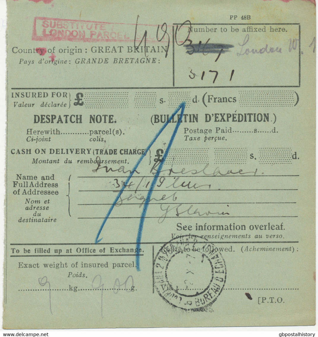 GB 1937 Boxed Red „SUBSTITUTE ….. / LONDON PARCEL SECTION“ Parcelcard UK - YU - Cartas & Documentos