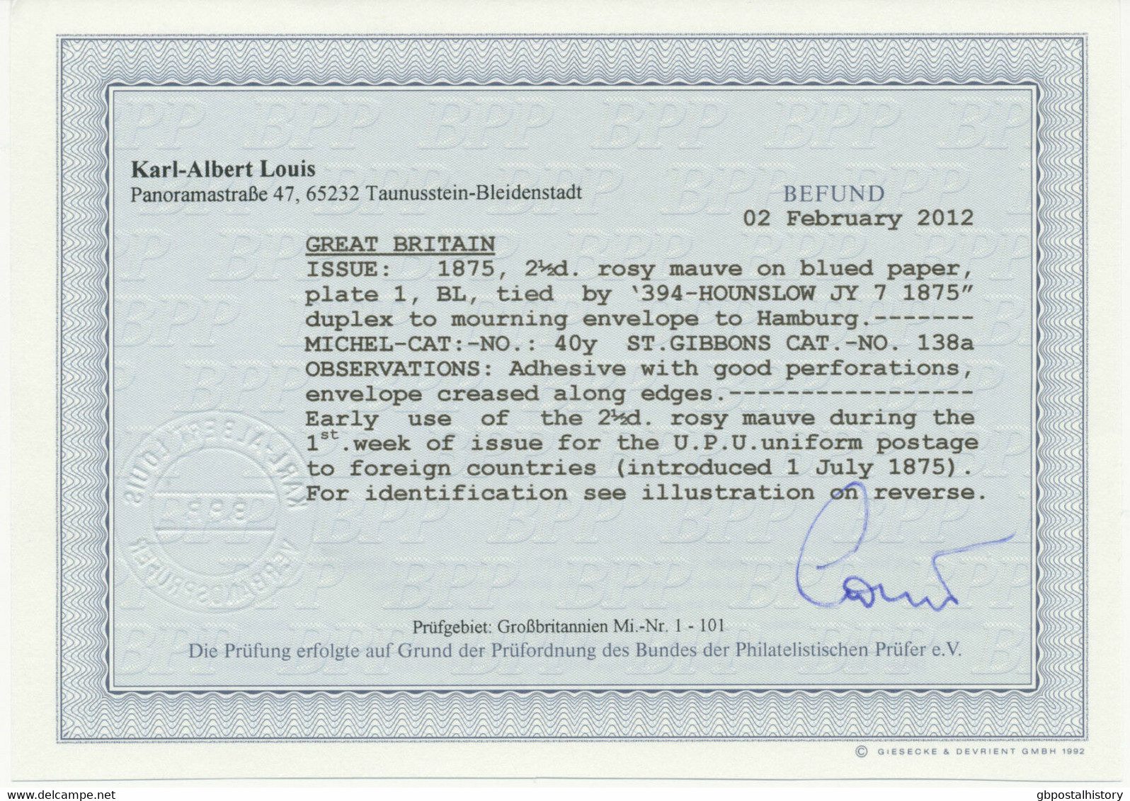 GB 1875 THE FIRST KNOWN UNIQUE USAGE OF UPU-RATE To HAMBURG From HOUNSLOW 394 - ....-1951 Pre Elizabeth II