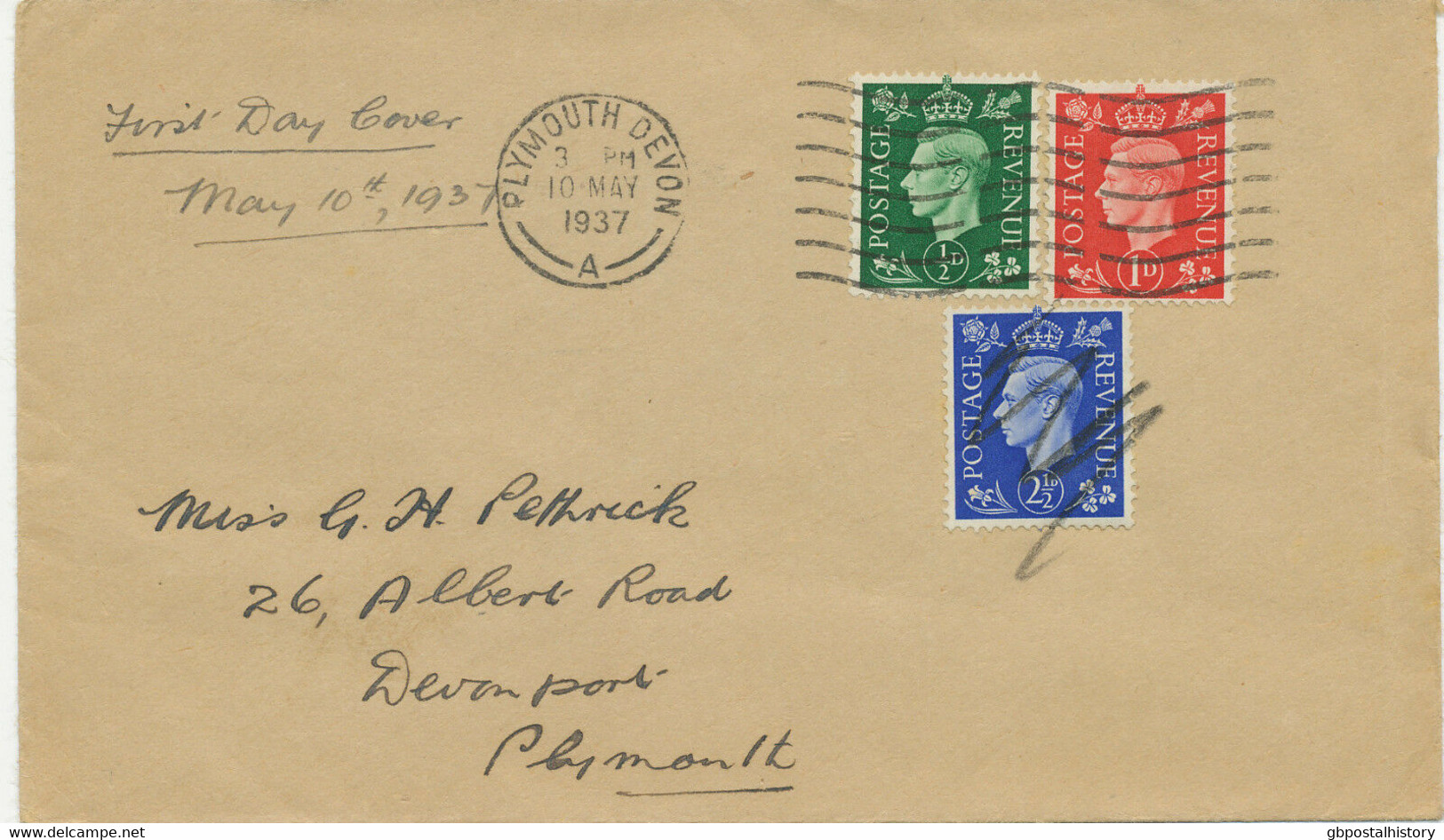 GB 1937 King George VI 1/2, 1, 2 1/2d FDC FD-Machine-Cancel "PLYMOUTH DEVON" - ....-1951 Pre-Elizabeth II