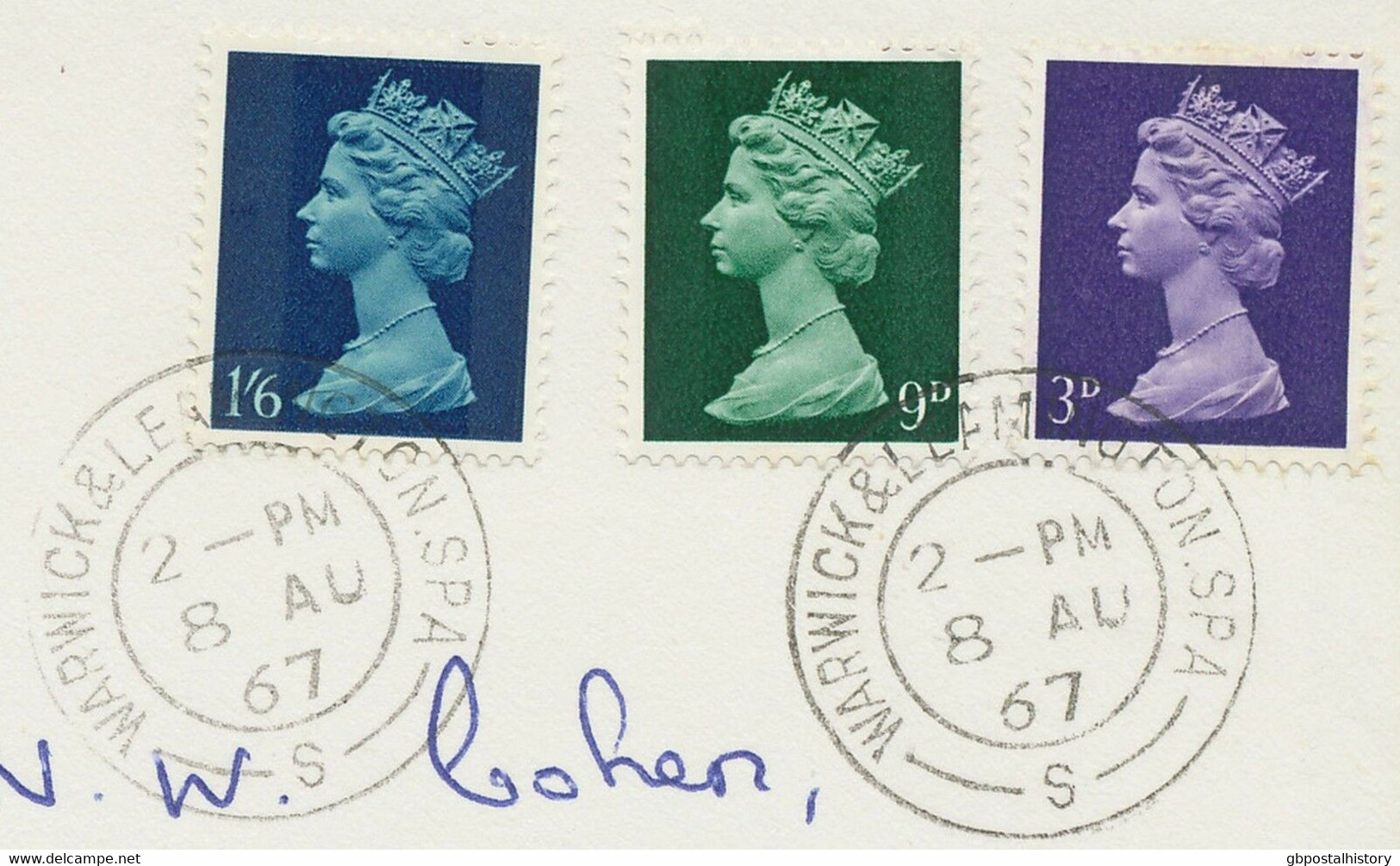 GB 1967 Machin 3 D, 9 D And 1 Sh. 6 D Superb FDC FDI "WARWICK & LEAMINGTON-SPA" - 1952-1971 Pre-Decimale Uitgaves