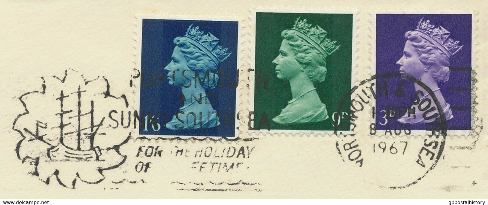 GB 1967 Machin 3D, 9D + 1 Sh 6D FDC PORTSMOUTH & SOUTHSEA - PORTSMOUTH AND SUNNY SOUTHSEA FOR THE HOLIDAY OF LIFETIME" - 1952-1971 Dezimalausgaben (Vorläufer)