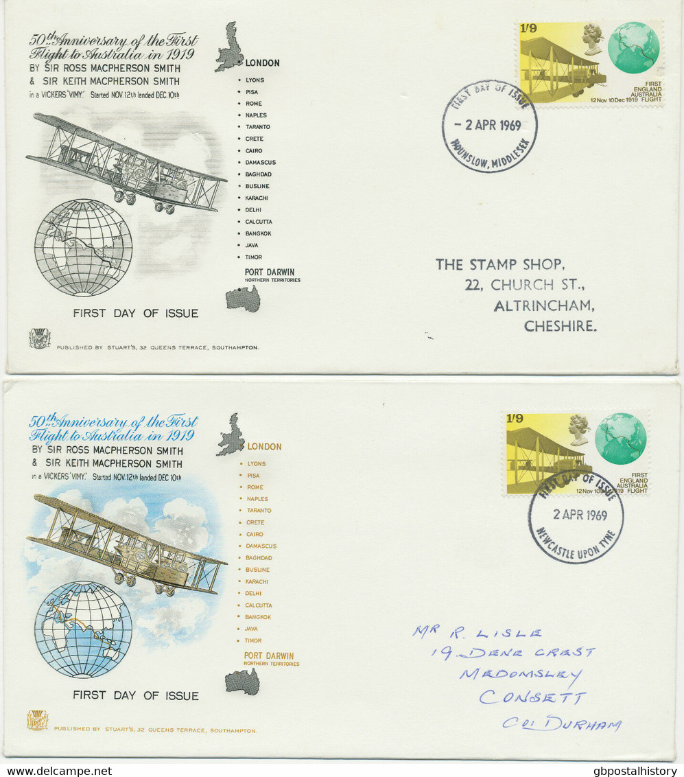 GB 1969 50th Anniversary First Flight To Australia In 1919 On 2 Diff FDC's R! - 1952-1971 Pre-Decimal Issues