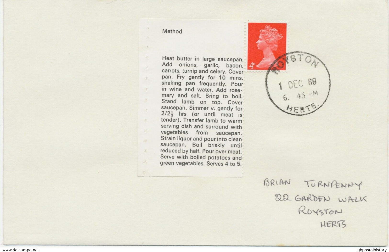 GB 1969 Stamps For Cooks Text-pane Method (w One 4D Stamp) FDC ROYSTON / HERTS. - 1952-1971 Pre-Decimal Issues