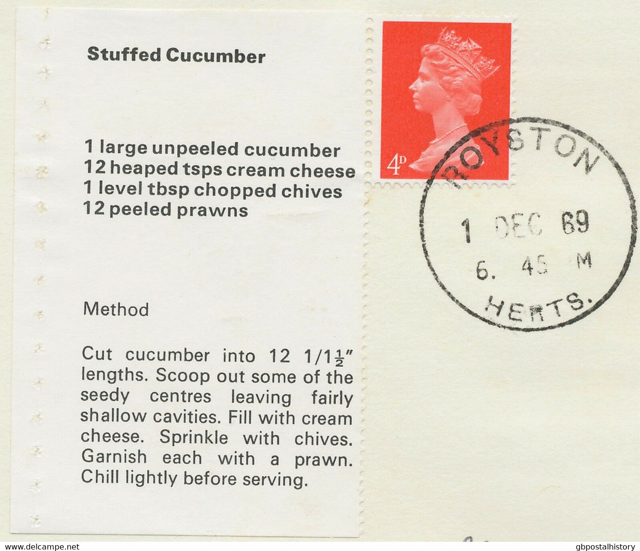 GB 1969 Stamps For Cooks Text-pane Stuffed Cucumber (w One 4D Stamp) FDC ROYSTON - 1952-71 Ediciones Pre-Decimales