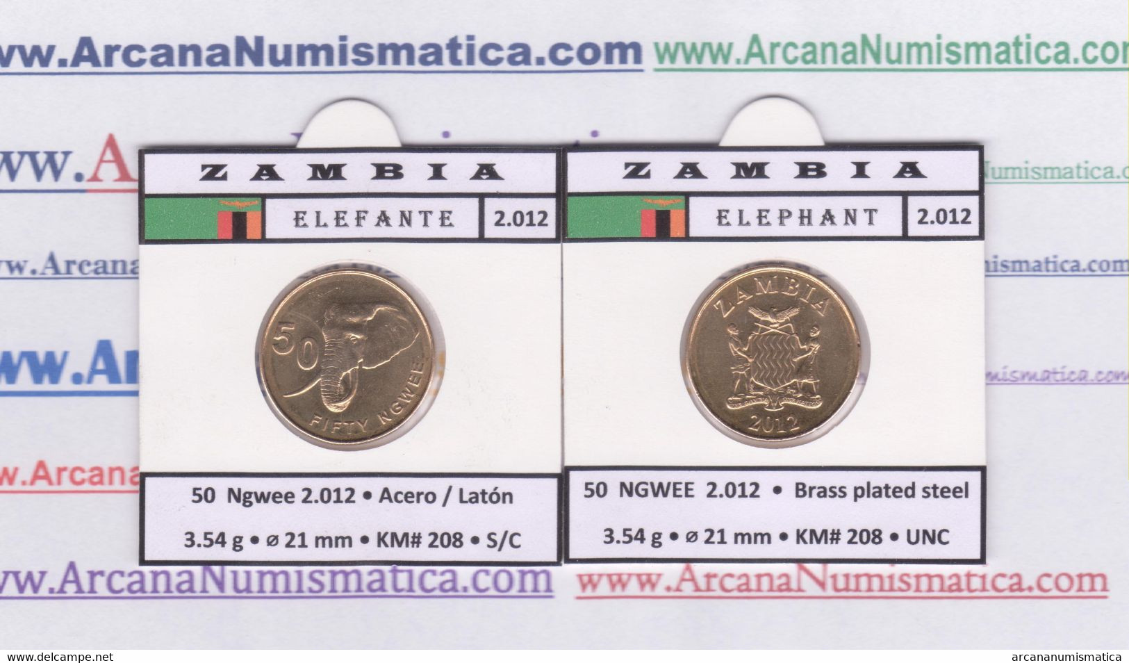 ZAMBIA  50  NGWEE  2.012  2012  "ELEPHANT-ELEFANTE" Brass Plated Steel  KM#208  SC/UNC  T-DL-12.651 - Zambia