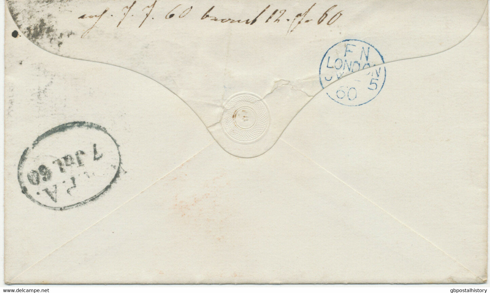GB 1860 QV 6d Pale Lilac No Corner Letters, Variety INVERTED WATERMARK Cover - Plaatfouten En Curiosa