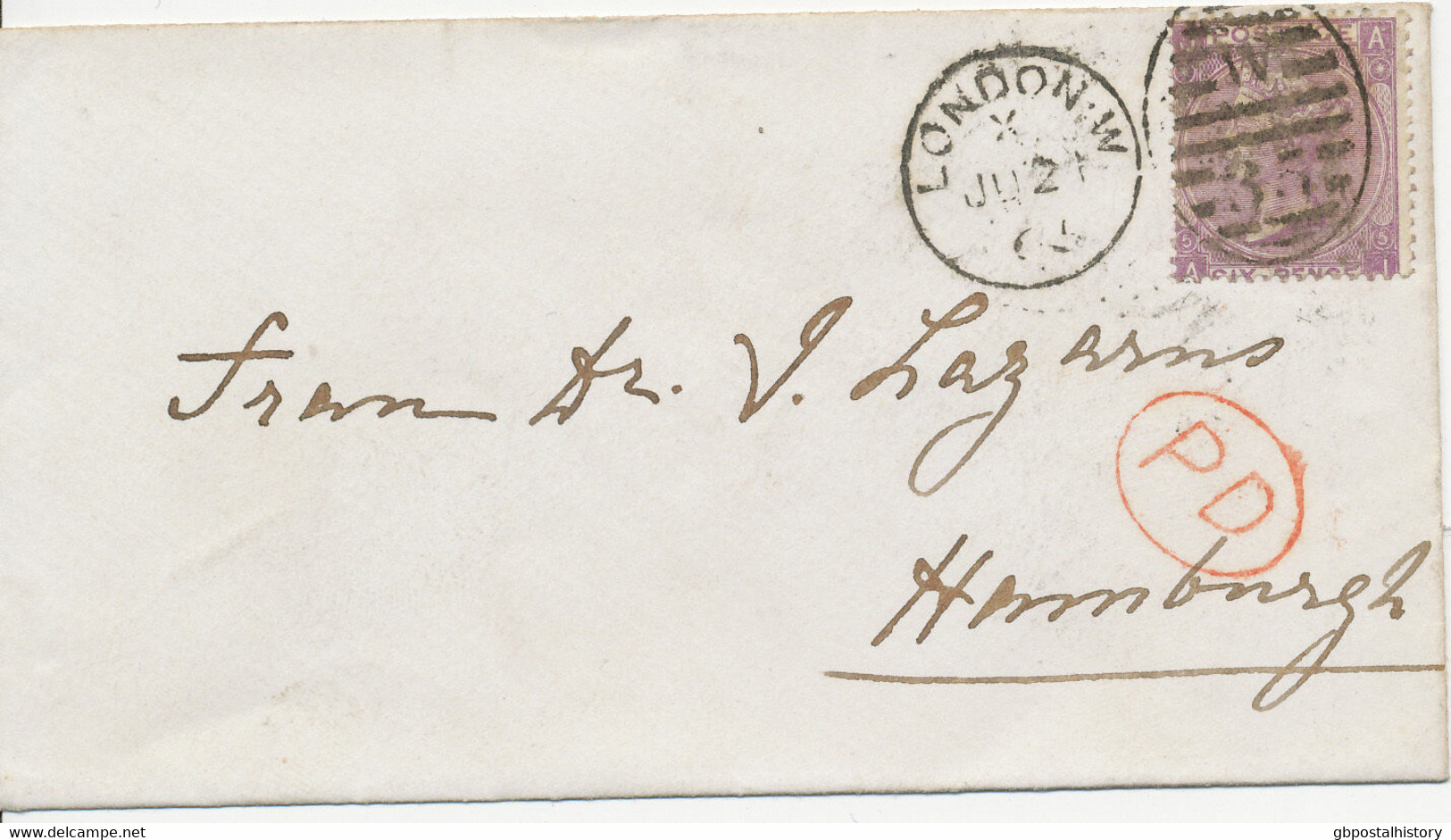 GB 1865 QV 6 D Pl. 5 "AJ" VARIETY: INVERTED WATERMARK ON COVER To HAMBURG, RRR - Variedades, Errores & Curiosidades