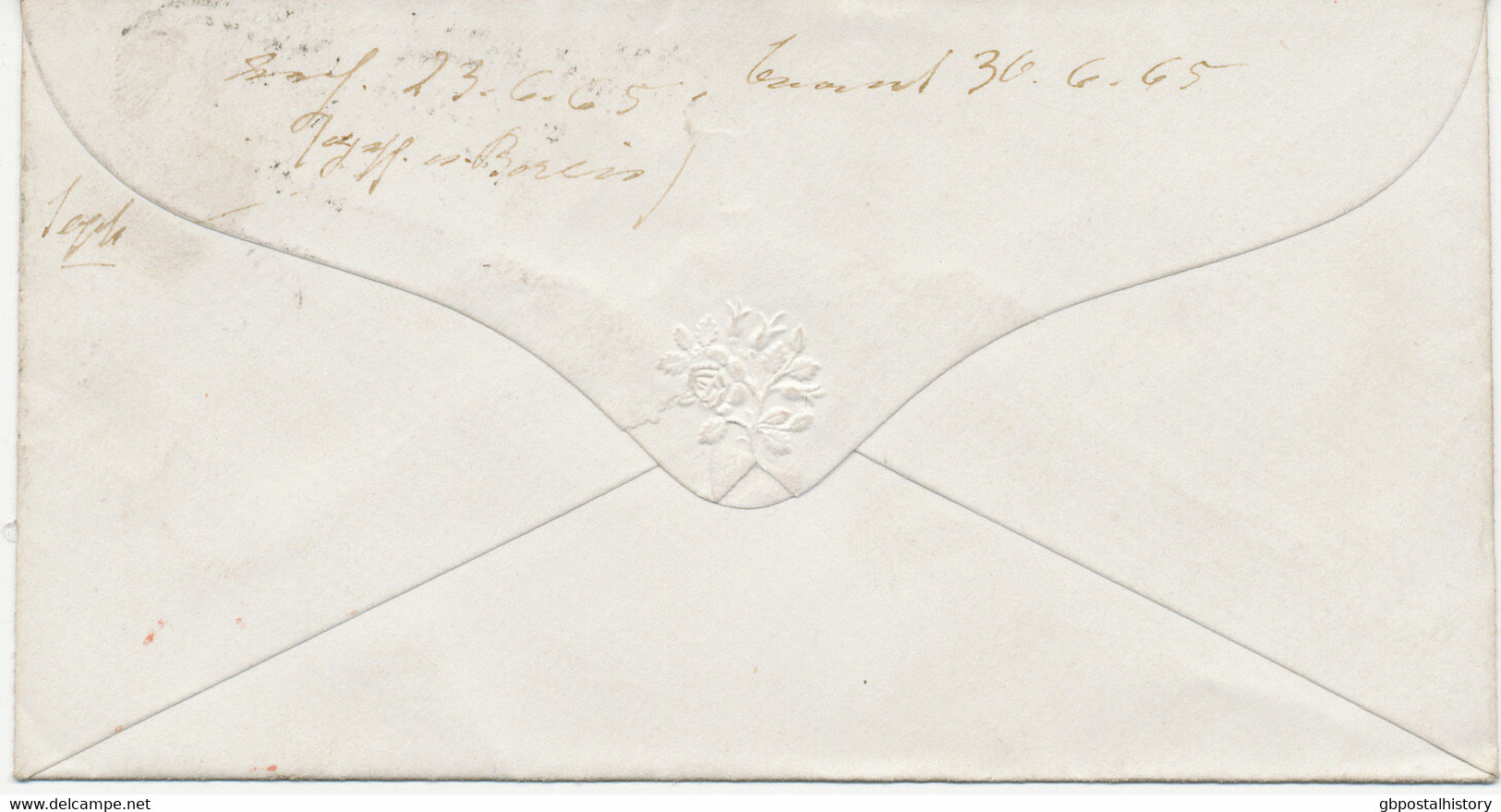 GB 1865 QV 6 D Pl. 5 "AJ" VARIETY: INVERTED WATERMARK ON COVER To HAMBURG, RRR - Variétés, Erreurs & Curiosités