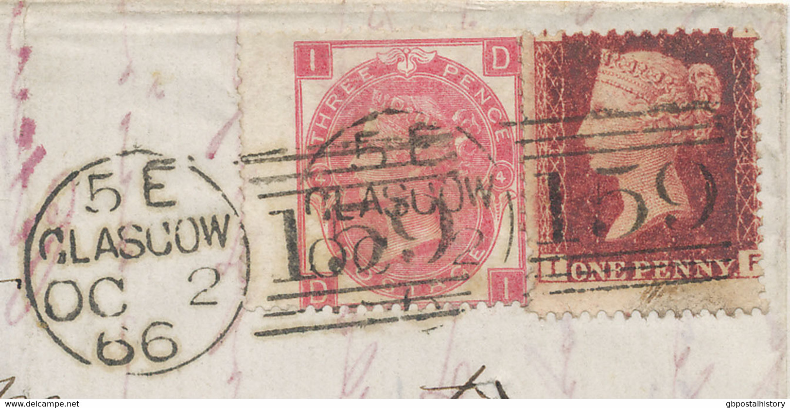 GB 1866 QV 3D Pl.4 (wing Margin DI) +1D Pl.94 ('TF') VARIETY MISPERFORATED - Errors, Freaks & Oddities (EFOs