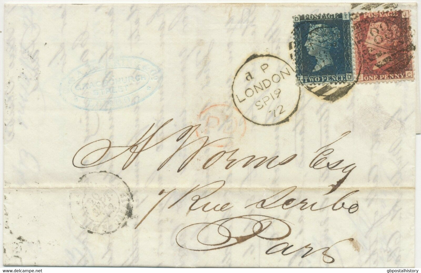 GB 1872 QV 2d Blue Pl.8 (TD) Variety: Broken White Line Under "POSTAGE"  Cover - Errors, Freaks & Oddities (EFOs