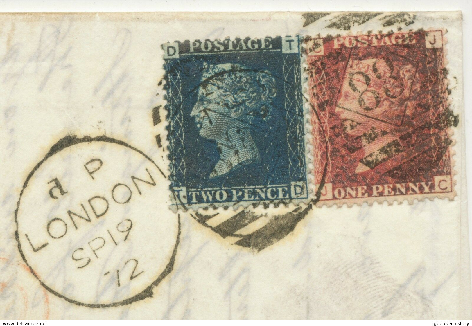 GB 1872 QV 2d Blue Pl.8 (TD) Variety: Broken White Line Under "POSTAGE"  Cover - Errors, Freaks & Oddities (EFOs