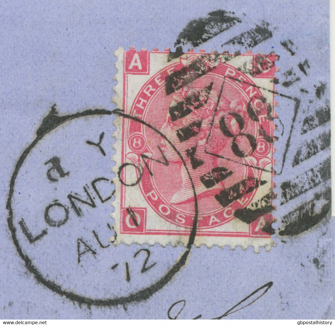 GB 1872 QV 3d Rose Pl.8 (OA) VARIETY Superb Entire Duplex-cancel "LONDON / 88" - Errors, Freaks & Oddities (EFOs