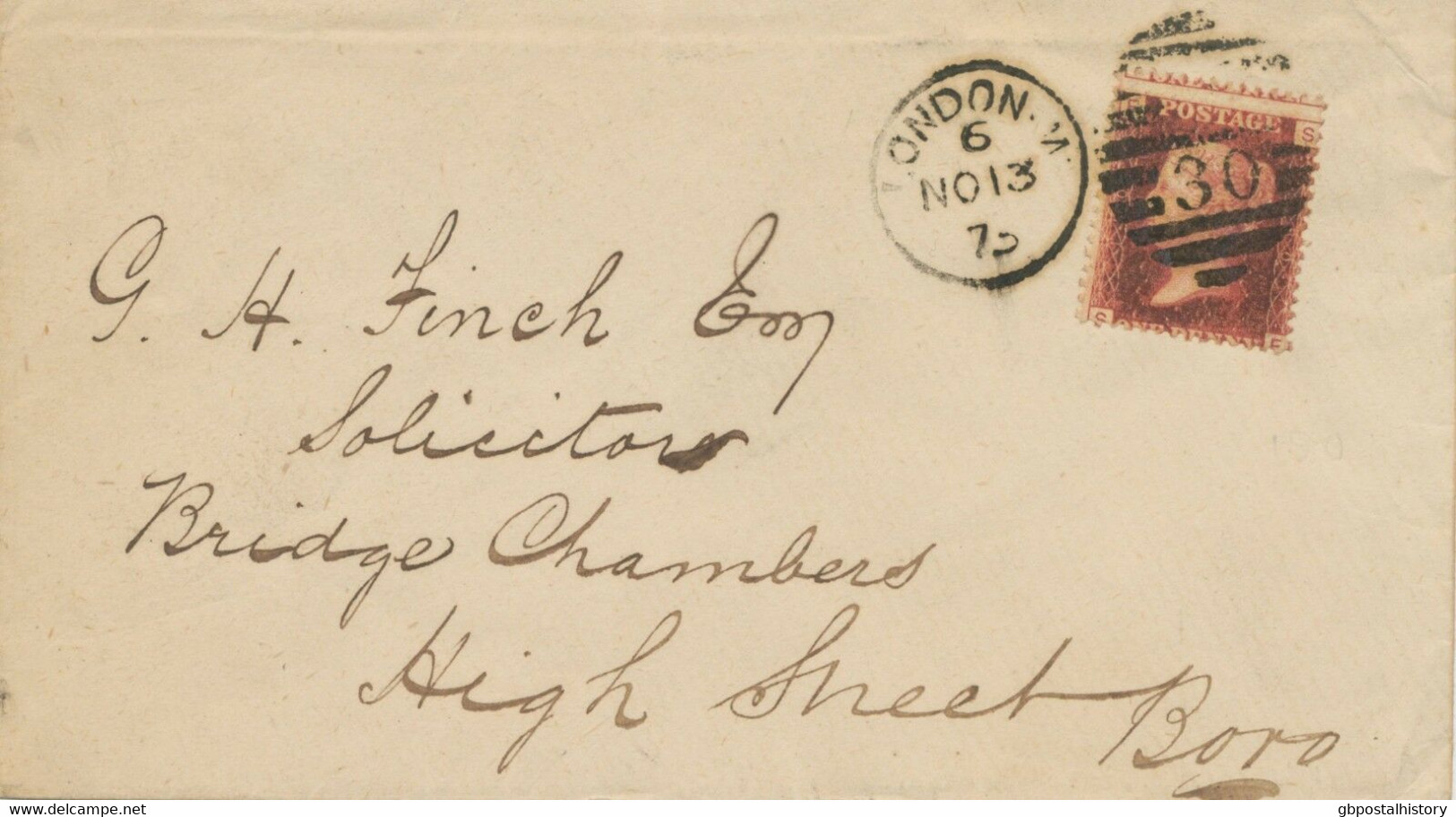 GB 1875 QV 1d Rose-red Pl.180 VARIETY Duplex "LONDON-N / N / 30" POSTMARK-ERROR - Covers & Documents