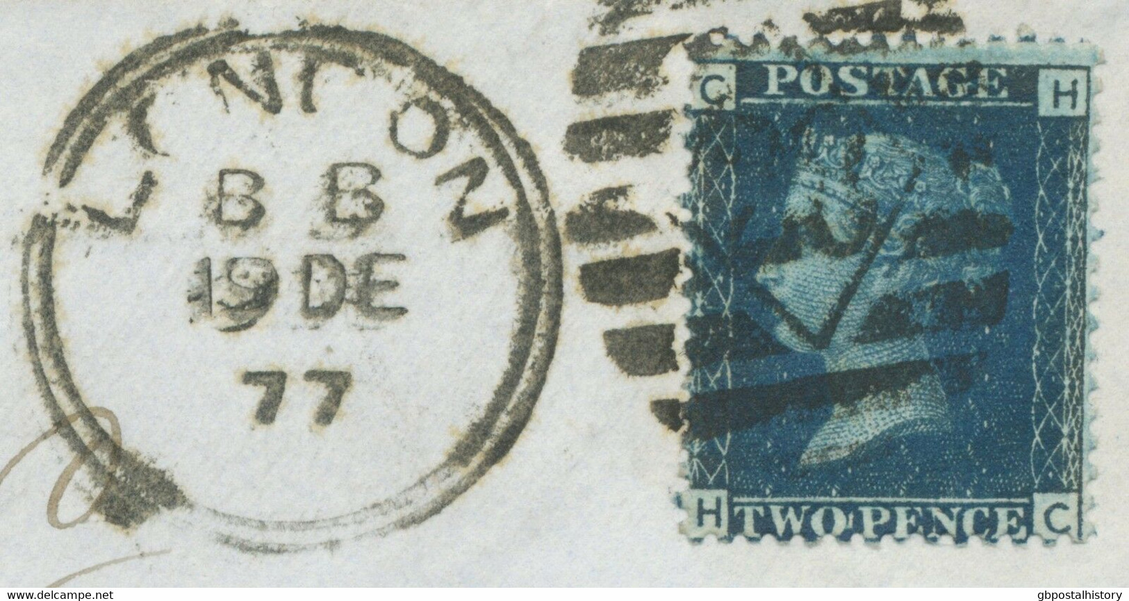 GB 1877 QV 2d. Deep Blue Pl.15 ('HC') Rare Variety: "TWQ PENCE" "LONDON / 28" - Storia Postale
