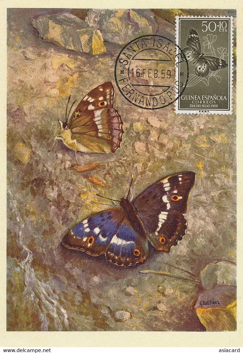 Maximum Card Same Stamp As The Picture 1959 Guinea Espanola Santa Isabel Signed Zeltner Chambery  Papillon Butterfly - Guinea Ecuatorial