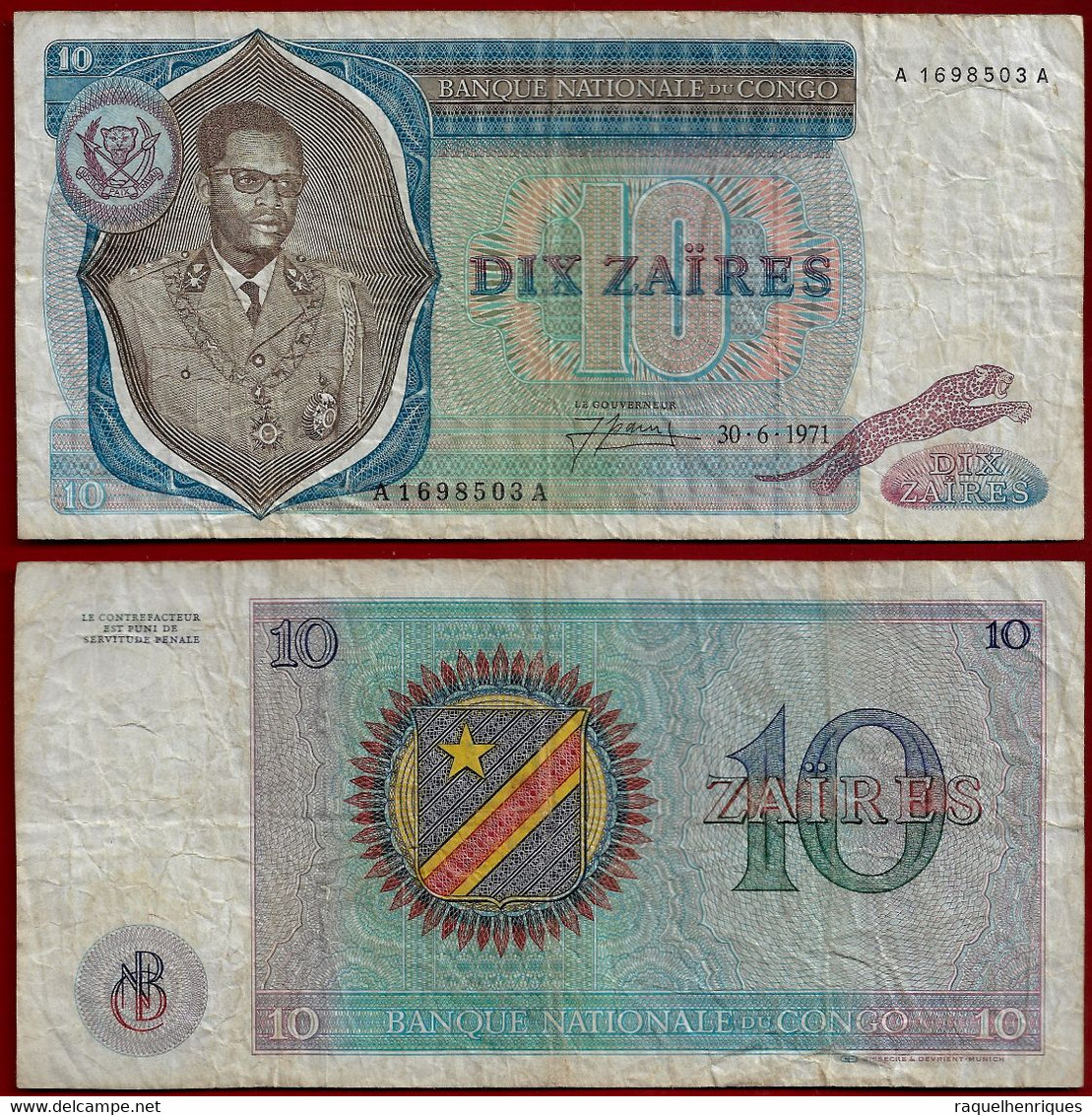 CONGO D.R. BANKNOTE - 10 ZAIRES 1971 P#15 F/VF (NT#01) - República Democrática Del Congo & Zaire