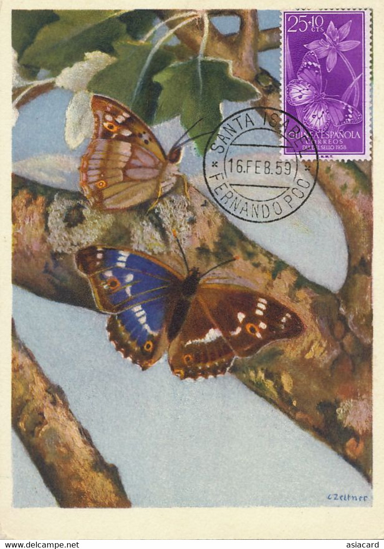 Maximum Card Same Stamp As The Picture 1959 Guinea Espanola Santa Isabel Signed Zeltner Chambery  Papillon Butterfly - Equatoriaal Guinea