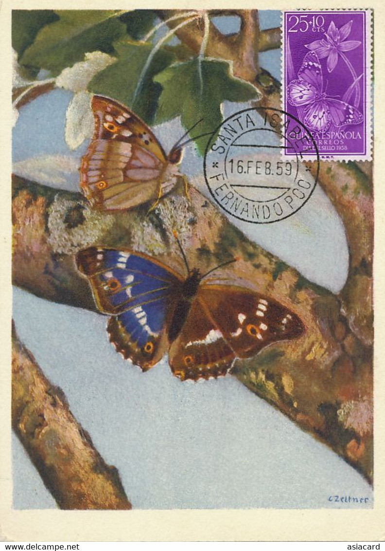 Maximum Card Same Stamp As The Picture 1959 Guinea Espanola Santa Isabel Signed Zeltner Chambery  Papillon Butterfly - Guinea Equatoriale