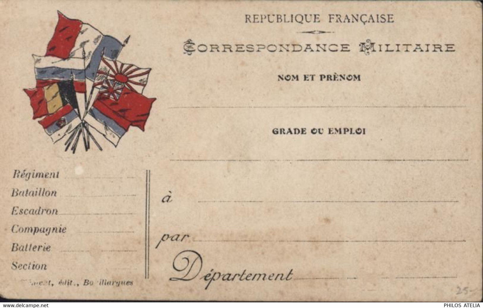 Carte Franchise Correspondance Militaire RF 7 Drapeaux France Belgique GB Japon Russie Serbie + ? FM Ed Bouillargue FM - Covers & Documents