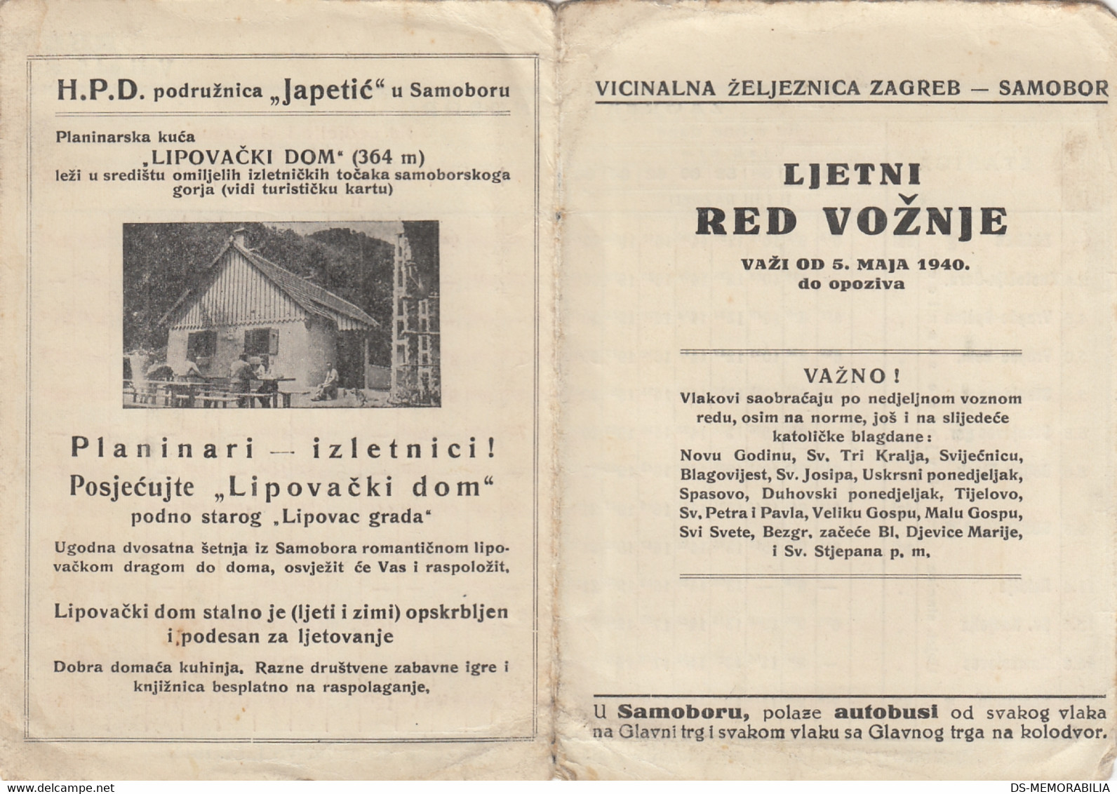 Timetable Red Voznje Railway Zagreb - Samobor 1940 - Europa